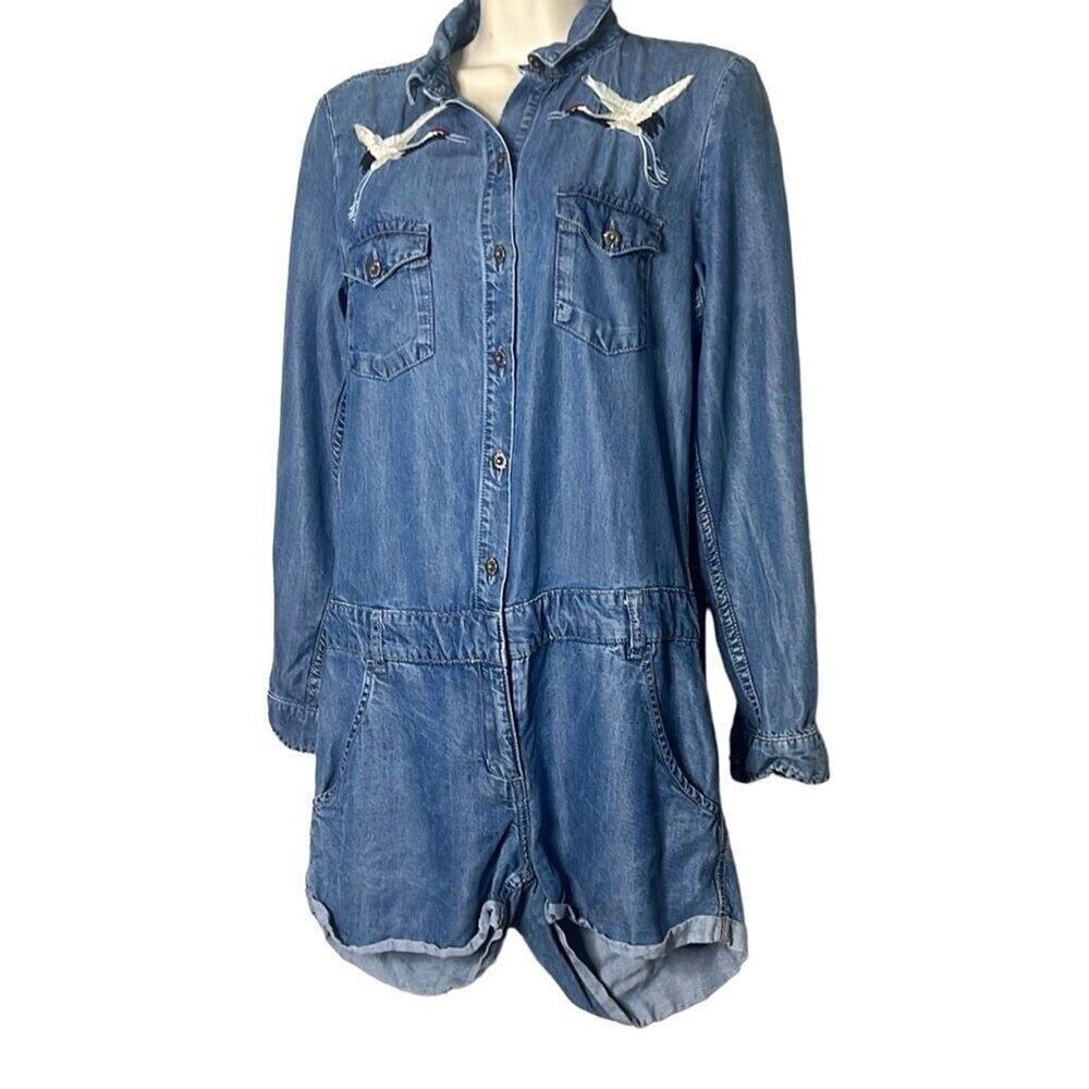The Kooples Jeans Women's Blue Bird Embroidered Chambray Open Back Romper Large